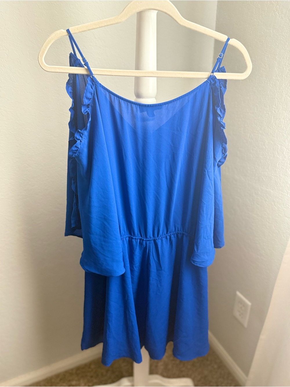 BOLD elements Cobalt Blue V-Neck Romper with Ruffle Sleeves - Picture 2 of 3